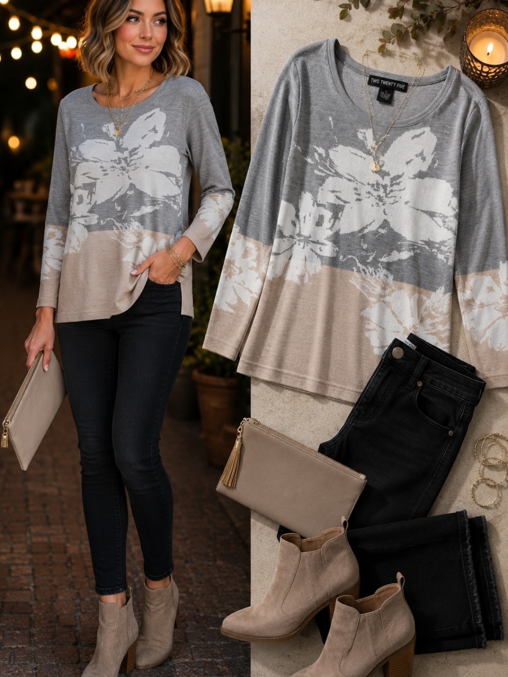 Two Twenty Five Floral Sweater Medium Gray Beige Knit Tunic Quiet Luxury